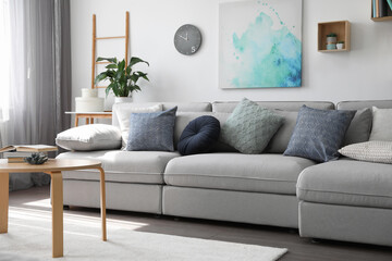Elegant living room with comfortable sofa. Interior design