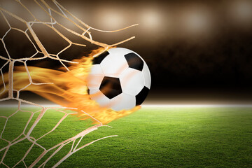 Flaming Soccer Ball Though Goal Net With Copy Space