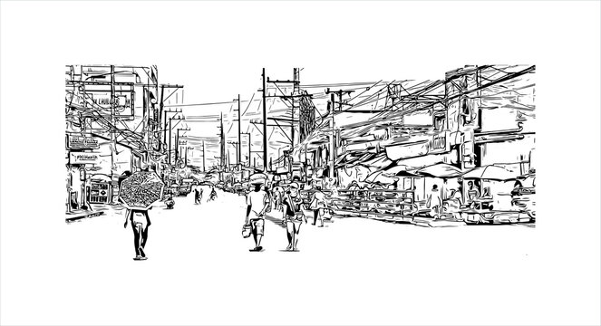 Building view with landmark of Bacoor, officially the City of Bacoor, is a 1st class city in the province of Cavite, Philippines. Hand drawn sketch illustration in vector.