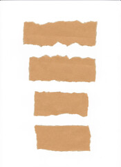 Brown note paper torn of rectangle isolated on white background.
