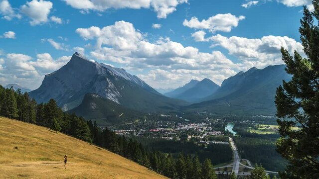 Banff National Park, Alberta, Canada, daytime timelapse view of Banff village and Mount Rundle during summer.