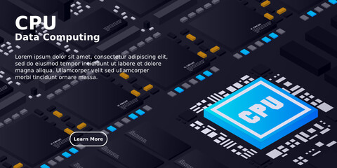 High tech electronic PCB Printed circuit board with processor, microchips and glowing digital electronic signals. The processor on the integrated circuit. Energy lines neon. 3d illustration