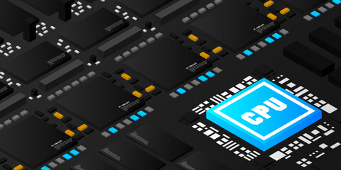 High tech electronic PCB Printed circuit board with processor, microchips and glowing digital electronic signals. The processor on the integrated circuit. Energy lines neon. 3d illustration