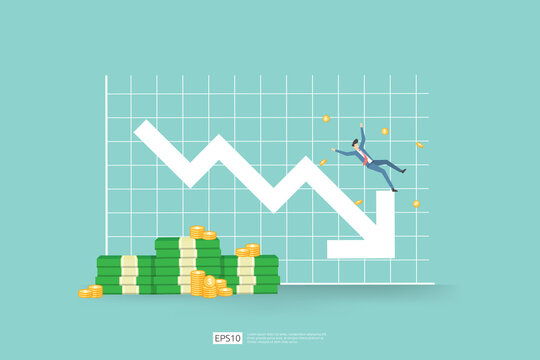 finance crisis concept with business man character. money fall down with arrow decrease symbol. economy business stretching global lost bankrupt. cost declining reduction or loss of income profit