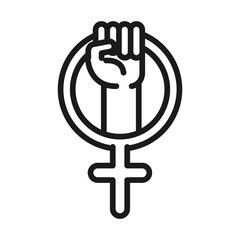feminism movement icon, symbol of female gender raised hand, rights pictogram line style