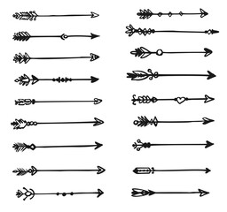 Indian arrow icon. Hand-drawn feathery arrow indian style isolated set. Ethnic tribal weapon sketch icon. Native artifact with quill feather, decorative element. Vector archery equipment illustration