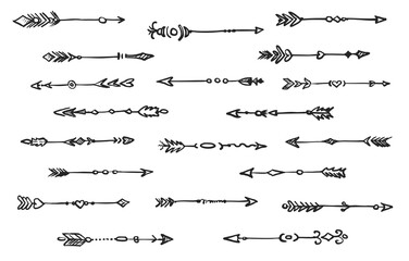 Boho arrow icon. Tribal arrow boho doodle style isolated icon set on white. Rustic weapon with feather, arrowhead, decor element and ornament illustration. Vector hand drawn ethnic collection