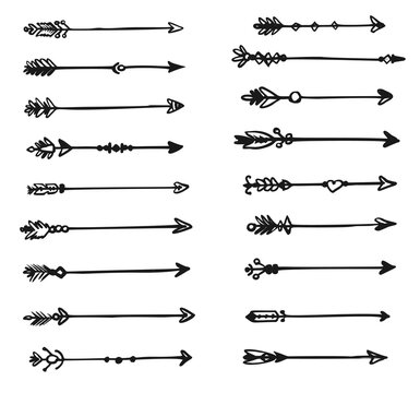 Indian arrow icon. Hand-drawn feathery arrow indian style isolated set. Ethnic tribal weapon sketch icon. Native artifact with quill feather, decorative element. Vector archery equipment illustration