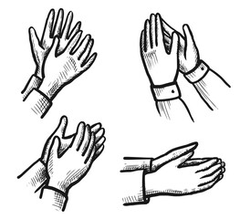 Ovation sketch. Hand drawn applauding clapping hand doodle icon set isolated on white. Winner applause and ovation sketch. Congratulation and recognition. Cheer and acclaim sign vector illustration