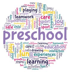 Preschool vector illustration word cloud isolated on a white background.