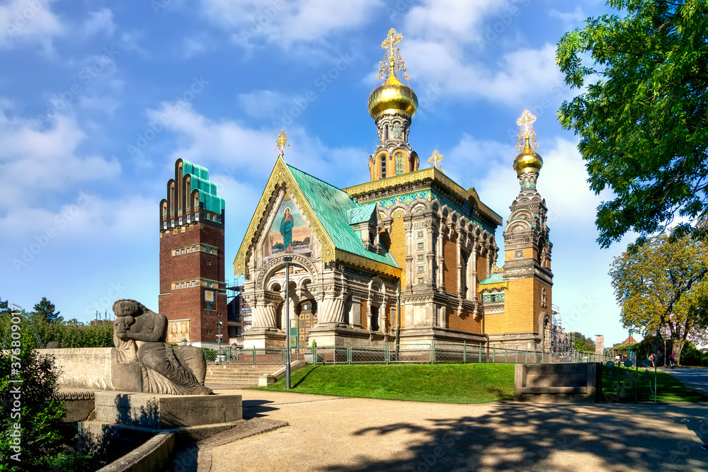 Wall mural darmstadt, mathildenhöhe. russian chapel with sculpture on beautiful sunny day in summer