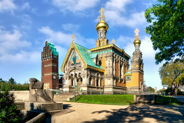 Darmstadt, Mathildenhöhe. Russian Chapel with sculpture on beautiful sunny day in summer