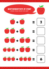 preschool addition mathematics learn worksheet activity template with cute apple illustration for child kids