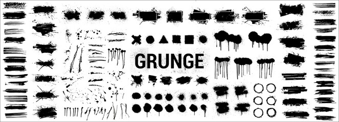 Detailed ink stencil. Grunge big collection - Overlay texture, brush strokes, brushes, lines, spray graffiti and other. Spots blotches, great elaboration. Big set dirty Silhouettes. Vector set grunge © SergeyBitos