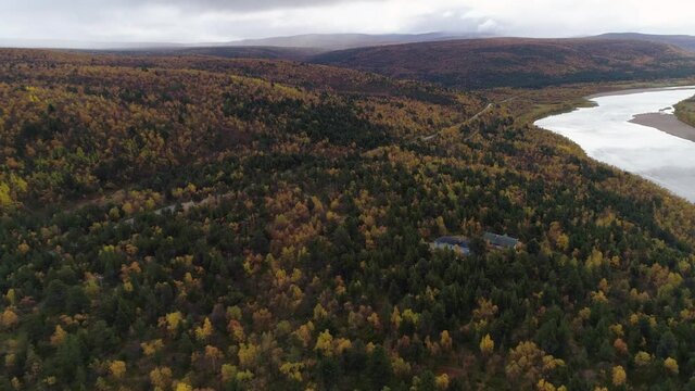 Aerial, drone shot over foliage forest, towards the Tenojoki river and the road 970, at the Finland-Norway border, dark rainy, fall day, near Utsjoki, in Lapland
