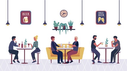 People in the bar cafe, cartoon couple, friends, man and woman relaxing