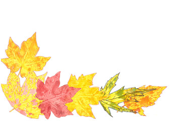Naklejka na ściany i meble bottom half frame of autumn yellow orange green maple leaves on a white background, graphic drawing, copy space
