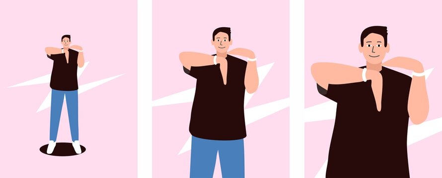 Guy dancing king-tut, vector illustration. A kind of upper breakdance. Robotic arm movements. Happy face in the dance.
