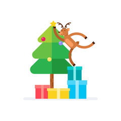 Cute deer and christmas tree with christmas holiday theme vector illustration. christmas gift box.