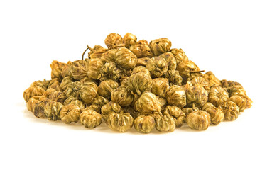 Dried chrysanthemum flower buds on white background