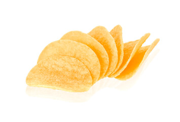 Flying potato chips, isolated on white background