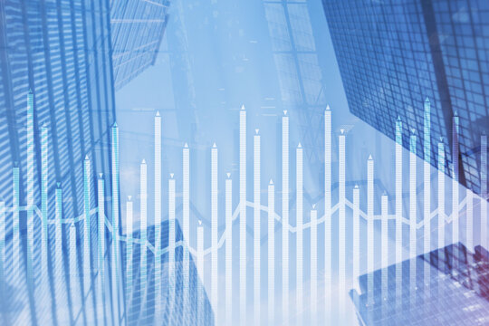 Histogram and lines economic chart of financial instrument on modern metropolis. Up and down arrows. - Powered by Adobe