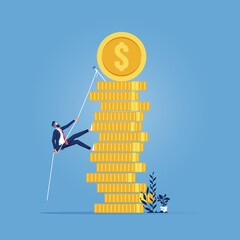Concept of career and ambition at work success-Businessman climbing up to top of coin with rope, Business progress, growth, cash gain, career path to success
