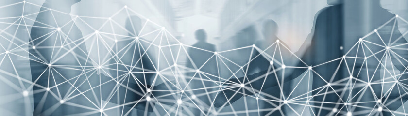 Double Exposure internet connection network with silhouette of business team.