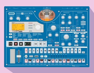 Blue electribe type synthesizer with tube sound, realistic vector illustration. Equipment for studios and nightclubs. DJ theme. Material for the poster of the event of electronic music.
