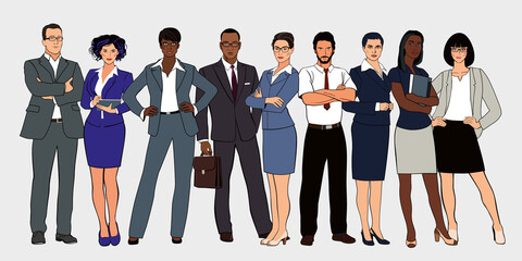 A large group of office workers of different ethnicity. Figures in full growth. Vector graphics in the style of pop art