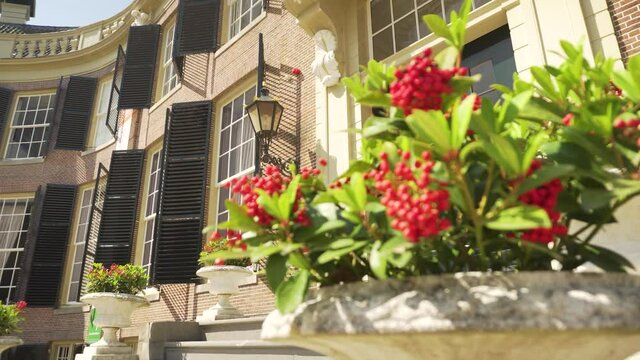 Rotating close up of plants and reveal of front entrance of Groeneveld Castle