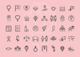 feminism movement icon, pink background female rights pictogram line icons set - obrazy, fototapety, plakaty