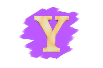 Alphabet letter wooden font on painted purple color isolated on white background. English flat wood character Y.