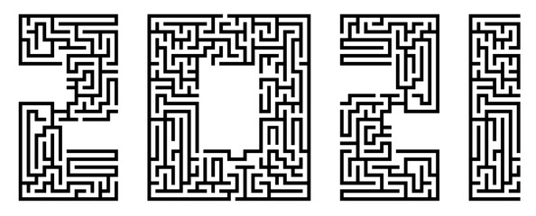 New Year 2021, numbers written in font made from maze lines. Abstract figures of new year. Design element. Vector