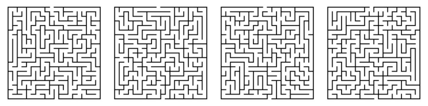 Children games. Set of square mazes of small level of difficulty. Puzzles and games for development of intelligence in child and an adult. Vector