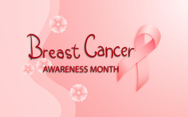 Banner Template for Breast cancer awareness month with Realistic pink ribbon on  white pink gradient background. Symbol of world breast cancer awareness month in october. Vector illustration.
