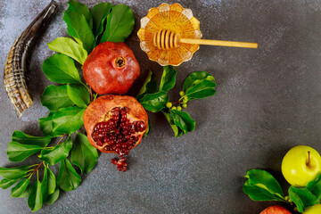 Jewish New Year concept. Pomegranate with honey aand apples.