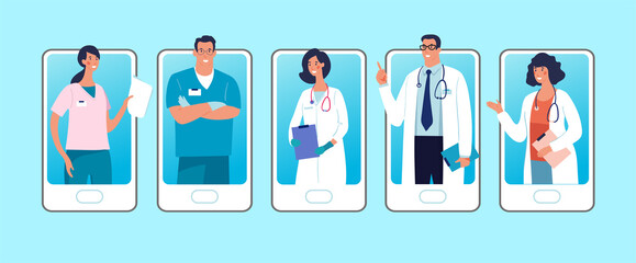 Set of phones with male and female characters of doctors on the screen. Concept of online clinic, call and video consultation with medical specialists. Flat vector illustration