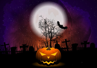 Halloween pumpkin, night cemetery and starry grunge sky abstract background. Vector illustration