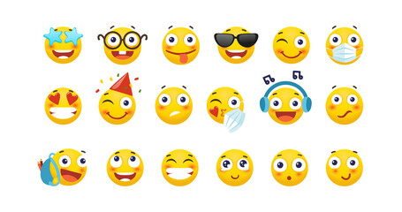 Set of cute emoticons. Yellow round emoji with different emotions, love, happiness, sadness, holiday, trendy, wink. Set of characters in a flat style