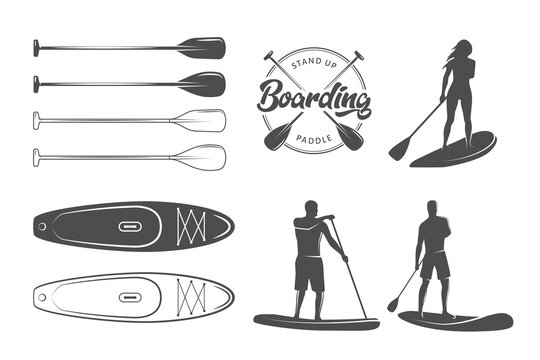 SUP boarding design elements. Stand up paddling stickers and badges. Set of vector emblems with SUP boards, boarder silhouettes and equipment