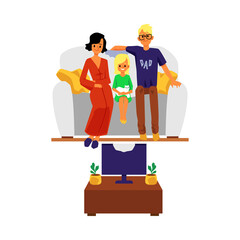 Family watching a movie at home together, flat vector illustration isolated.