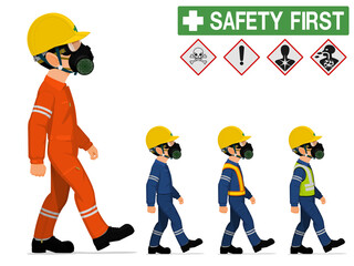 An industrial worker with respirator is walking