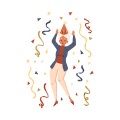 Elderly woman character celebrating birthday flat vector illustration isolated.