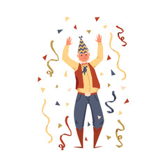 Elderly cheerful man or grandfather dances flat vector illustration isolated.