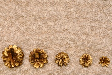 Delicate warm background, five golden cones horizontal next to in descending size order on the knitted a solid canvas.