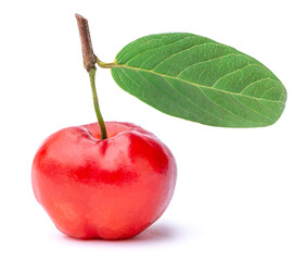 Acerola cherry fruit with green leaf isolated on white background. Healthy and high vitamin c...
