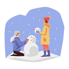 Vector illustration of a guy and a girl making a snowman.