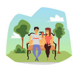 Loving couple enjoying summer season days in park, flat vector illustration.