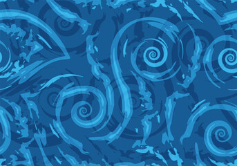 Stock Seamless vector pattern of blue torn lines and spirals on a nautical background. Texture of waves and swirls for wrapping or decorating fabrics.